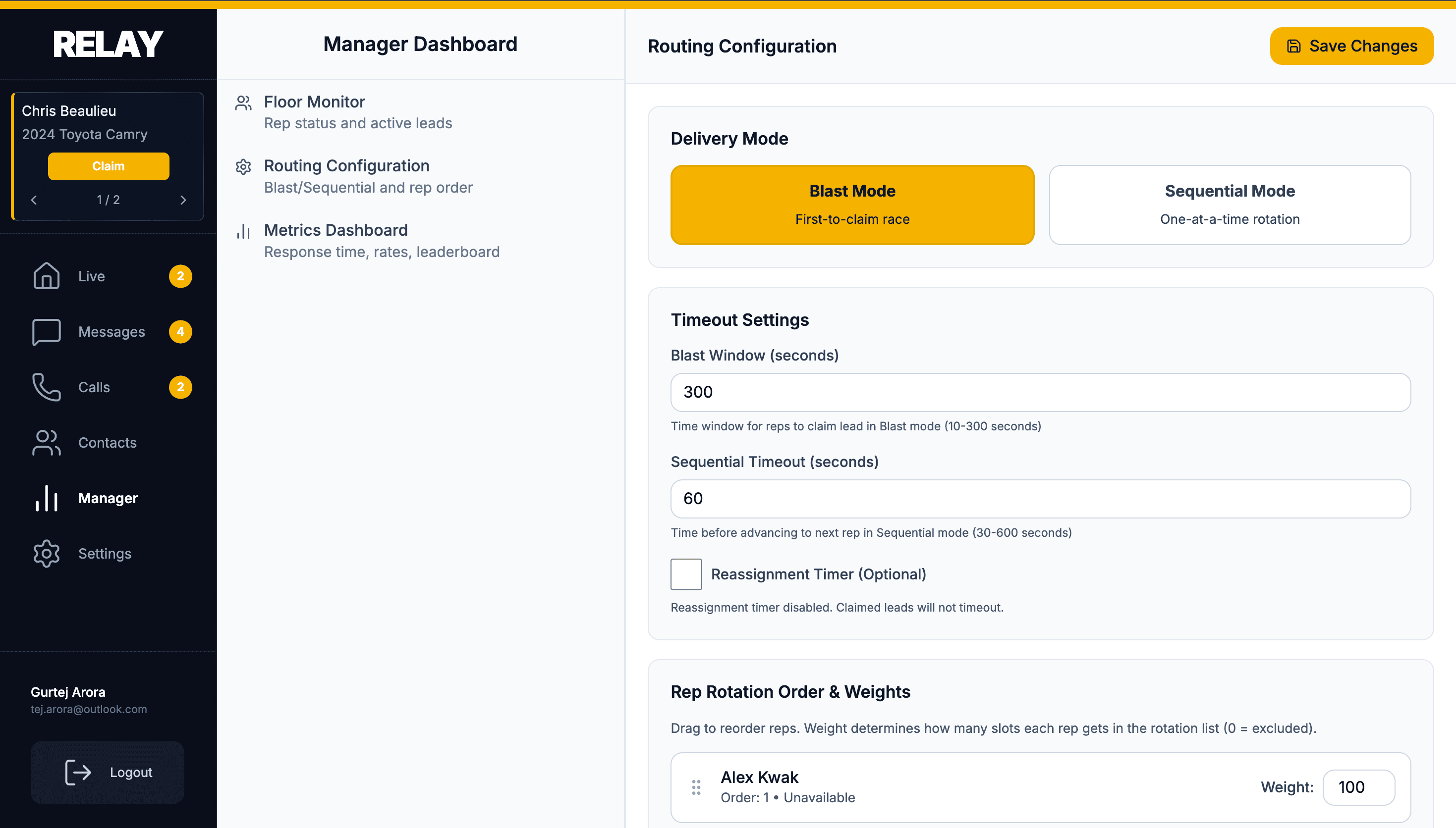 Relay routing rules configuration interface