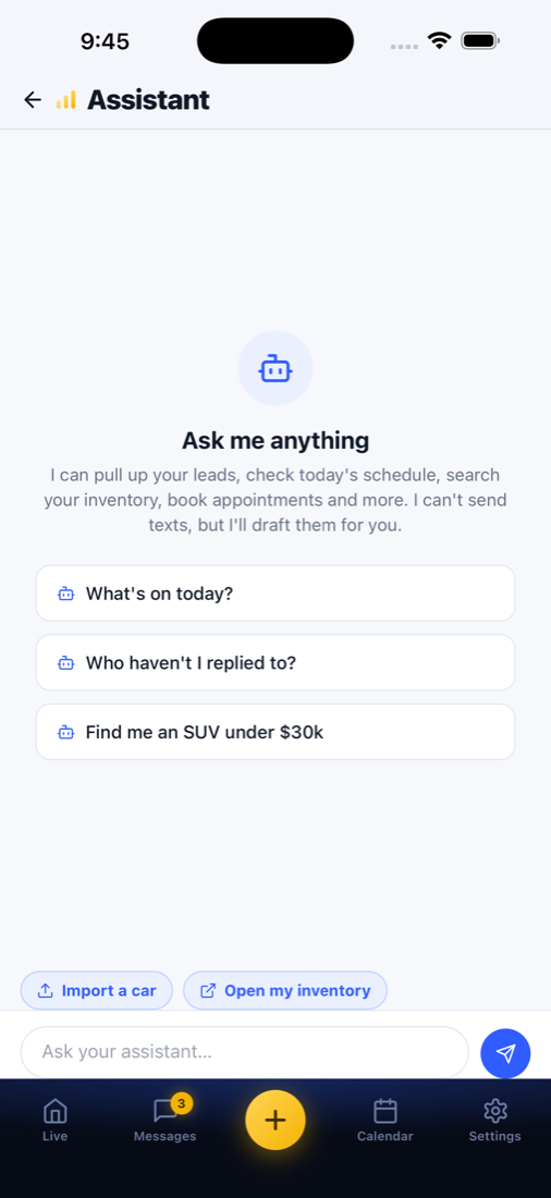 The Relay mobile app Assistant: ask about leads, schedule, and inventory