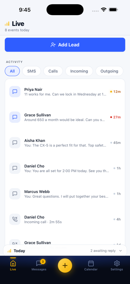 The Relay mobile app Live screen: every lead and call in one feed