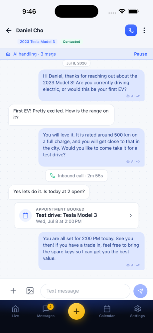 The Relay mobile app: the AI working a lead conversation