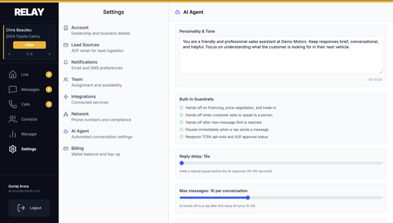 The real Relay AI Agent settings: personality, guardrails, and reply delay