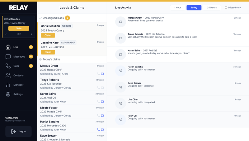 The real Relay Live screen: unassigned leads with claim buttons and the live activity feed